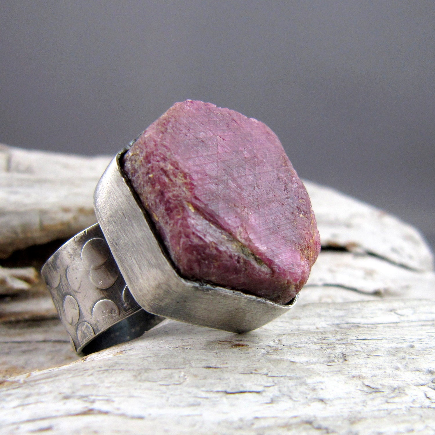 Raw Ruby Fine and Sterling Silver Oxidized Ring