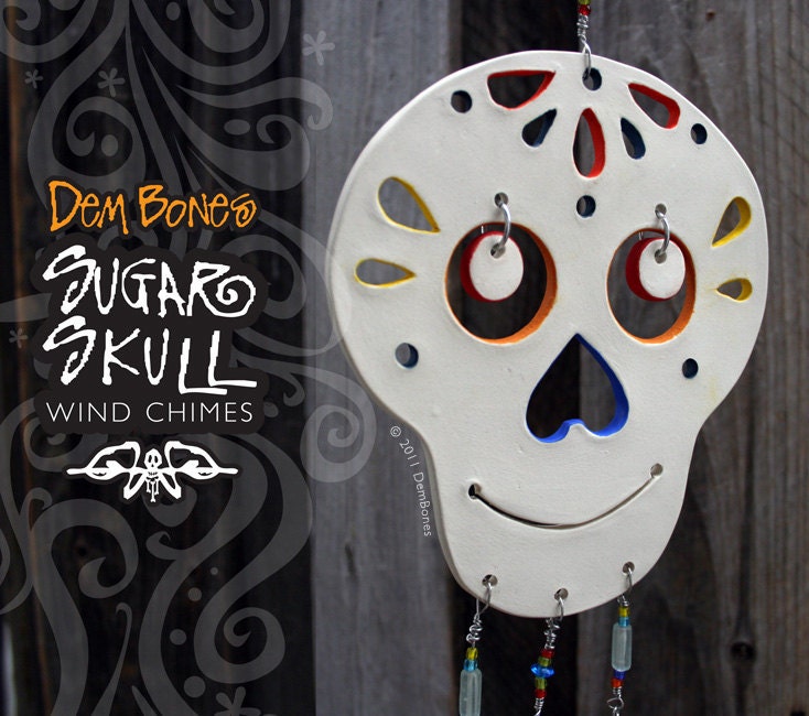 Multi Colored Sugar Skull - Ceramic Wind Chime - Glass Beads and Silver Wire