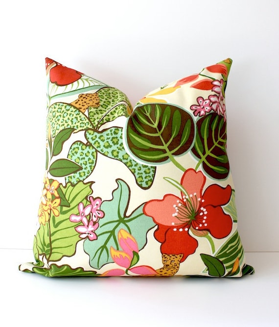Modern Tropical Hot Pink Green Decorative Designer Pillow Cover 20" Accent Cushion Resort summer leaves Palm Springs leopard spots