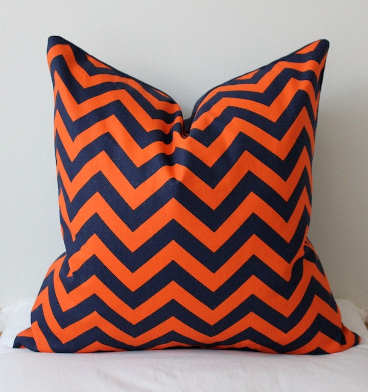 Chevron Decorative Designer Pillow 20" Orange Zig Zag Accent Cushion Pumpkin Navy Blue Indigo. Fall Autumn Decor Geometric Modern autumn