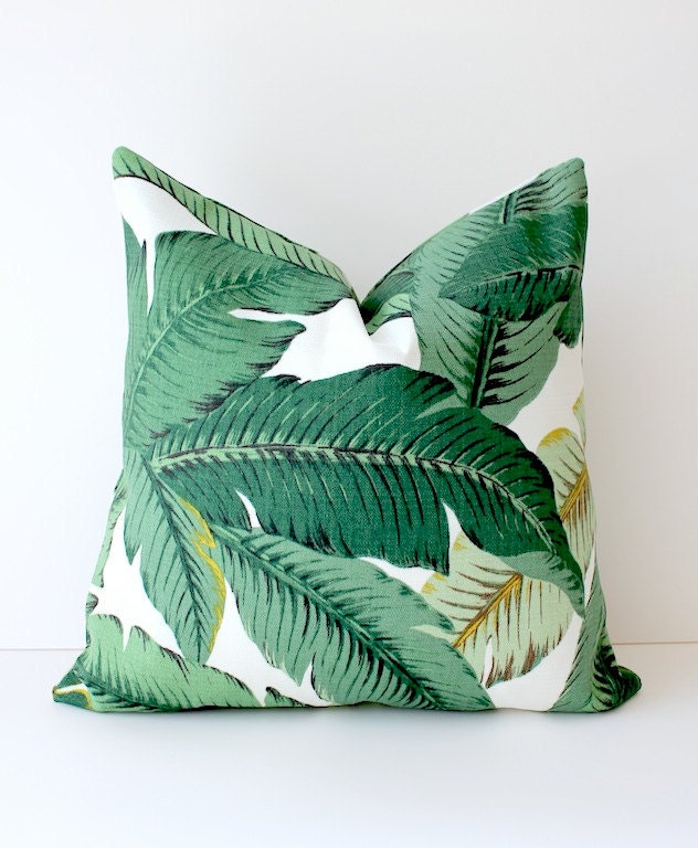 Modern Tropical Green Designer Pillow Cover 18" Accent Cushion White forest aloe emerald Resort summer leaves summer banana hawaii