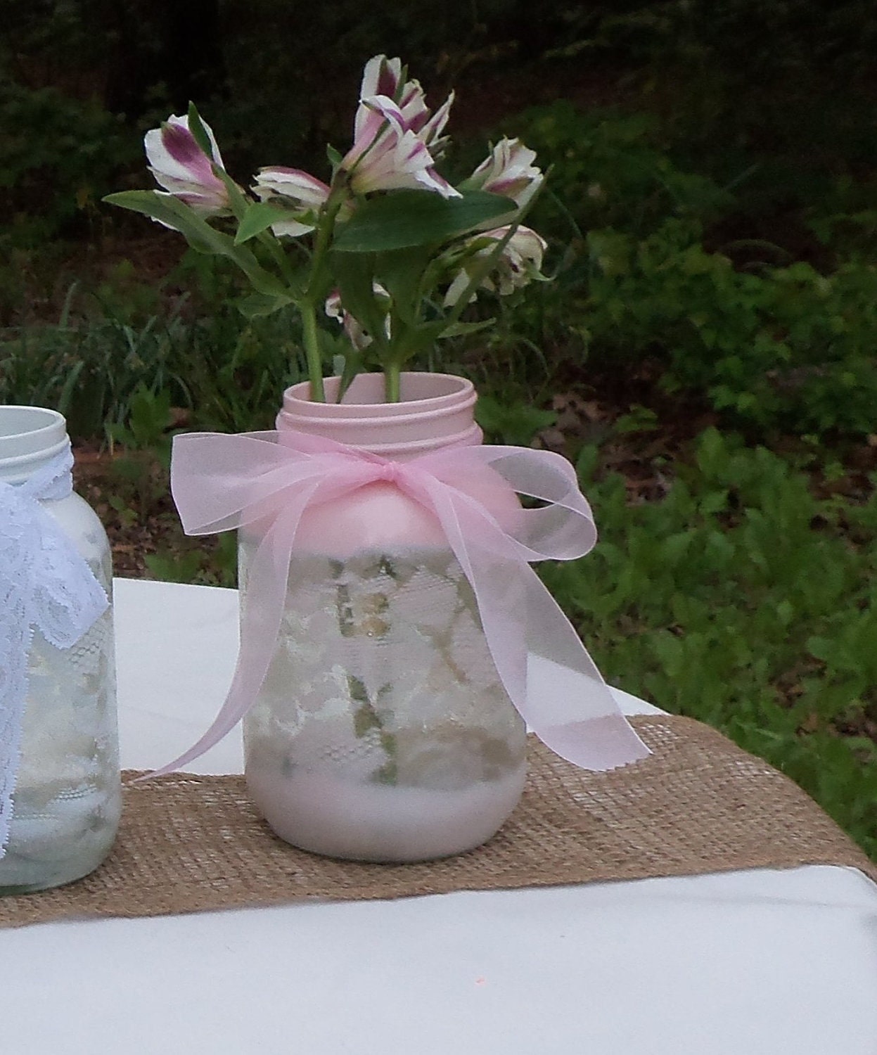 Mason Jar - Hand Painted Elegant Lace Centerpiece Vase - Customized with your Wedding Colors