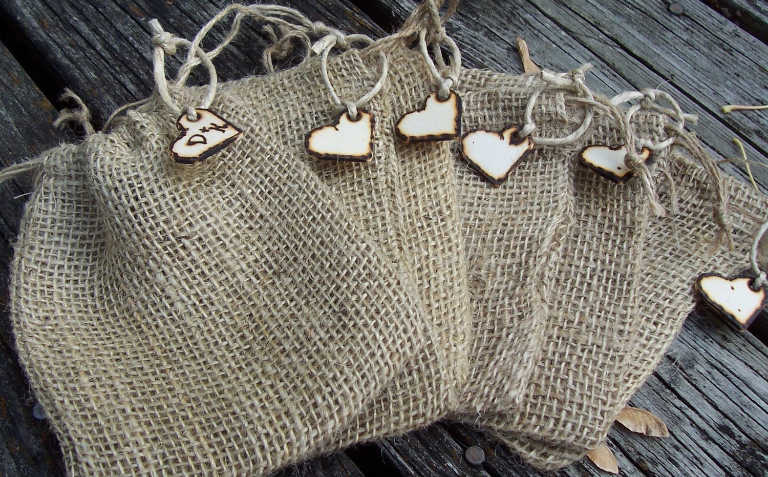Burlap Wedding Favor Bags with Personalized Heart Charms (Set of 6)