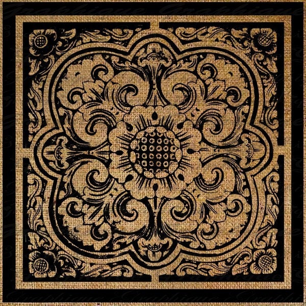 Digital Collage Sheet Download Burlap Square Decorative Design Fabric Transfer Iron On Pillows,Tote Bags Tea Towels No. 1025