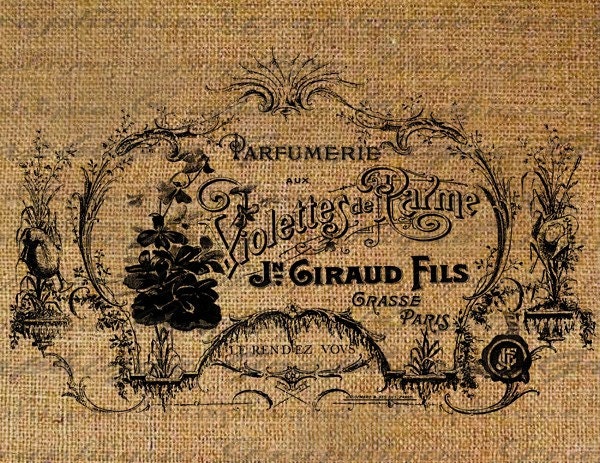 French Perfume Label Text Script Ornate Frame Violets Digital Image Download Sheet Transfer To Pillows Totes Tea Towels Burlap No. 2117