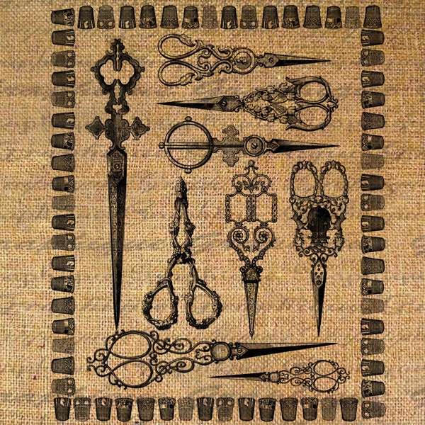 Beautiful Ornate Sewing Scissors with Thimble Border Digital Image Download Sheet Transfer To Pillows Tote Bags Tea Towels Burlap No. 2213