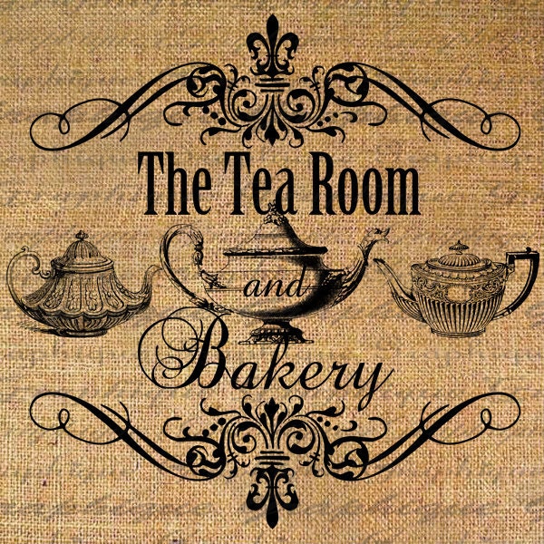 The Tea Room and Bakery Text Teapot Tea Teapots Digital Image Download Transfer To Pillows Tote Tea Towels Burlap No. 2264
