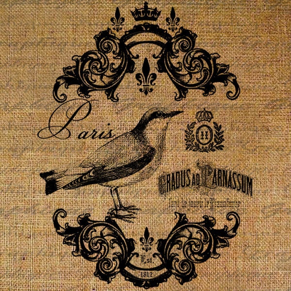 French Paris Bird Birds Writing Script Ornate Frame Crown Digital Image Download Sheet Transfer To Pillows Totes Tea Towels Burlap No. 2581