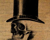 Halloween Digital Collage Sheet Burlap Skull In Black Top Hat Goth Digital Download Fabric Transfer Fabric Pillows Tote Bags Tea Towels 2973