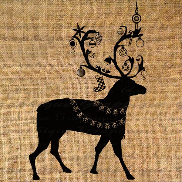 Digital Collage Sheet Download Burlap Fabric Transfer Reindeer MERRY CHRISTMAS Typography Text Iron On Pillows Totes Tea Towels No. 3047