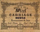 CARRIAGE House RESTAURANT Ad INN Vintage Digital Collage Sheet Download Burlap Fabric Transfer Iron On Pillows Totes Tea Towels No. 3617