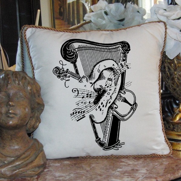 Ear Harp Music Notes Violin Text  Digital Image Download Transfer To Pillows Tote Tea Towels Burlap No. 1778