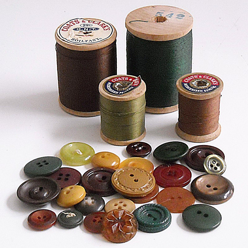 Autumn Vintage Buttons and Wooden Spools of Thread Instant Collection