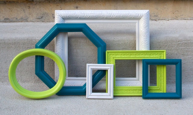 Painted Picture Frames - Turquoise, Lime Green, White - Collection of 6