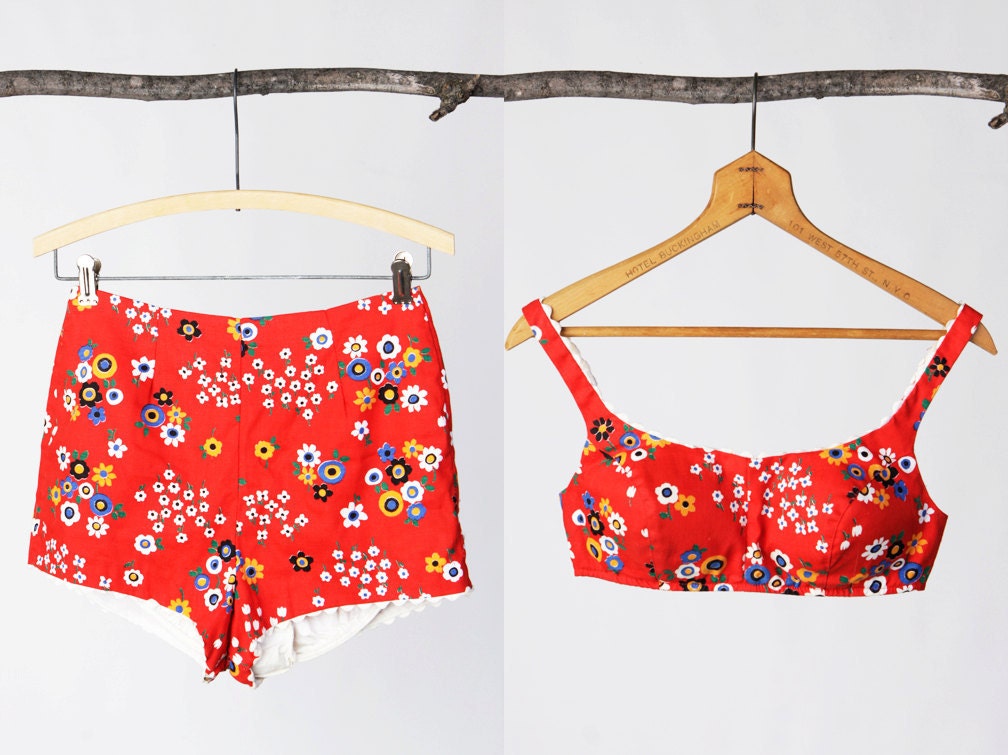 SALE vintage 60's flower print swimsuit  with high waisted shorts and bullet bra women's retro mod hip