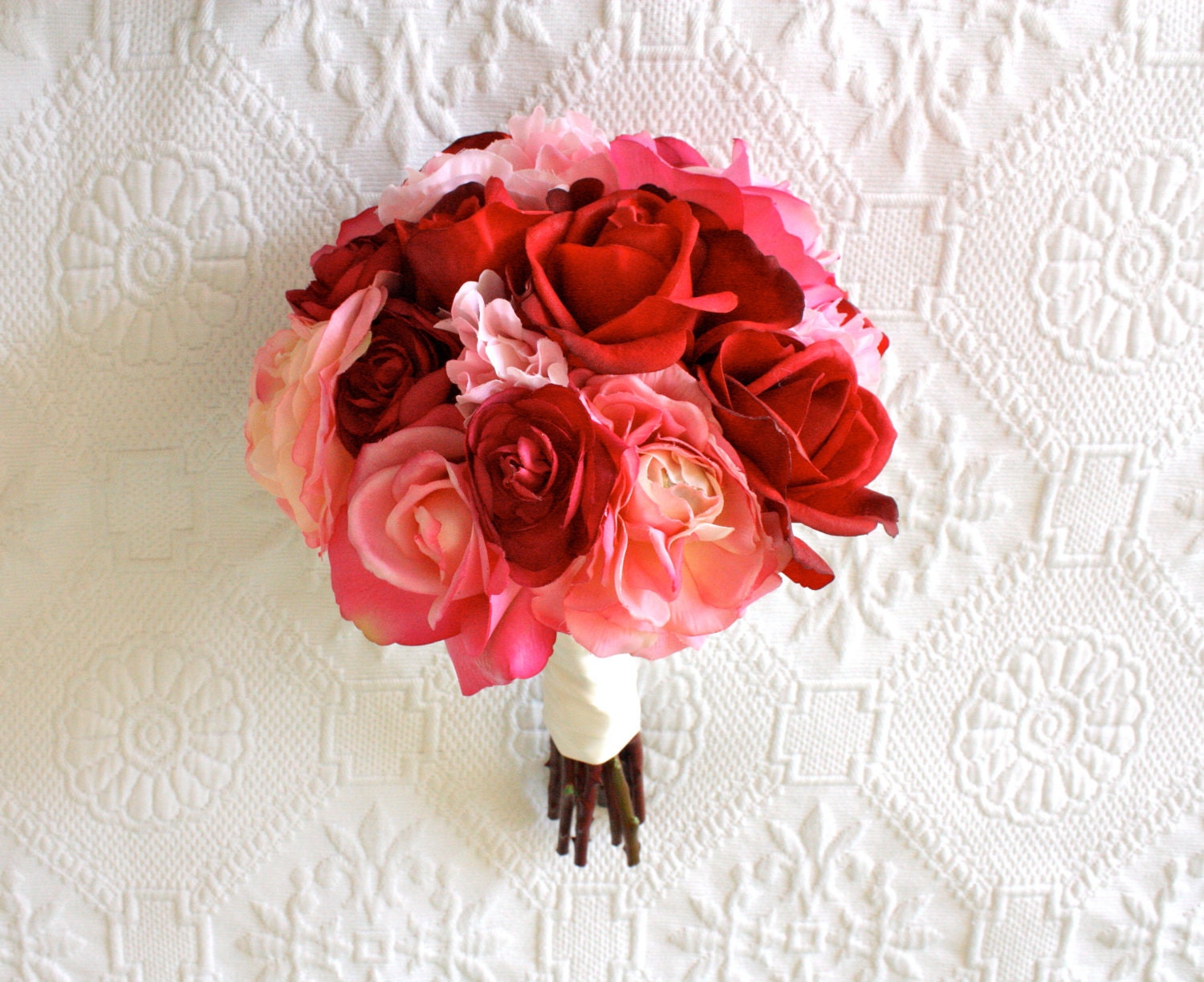 Roses, Ranunculus, Peonies Wedding Bouquet in LIght Pink, Hot Pink, Fuchsia, Red (Real Touch and Artificial Silk Flowers Bouquet)