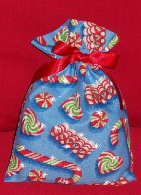 Christmas Peppermint Candy on Blue Small Fabric Gift Bag - Candy Cane, Party Favor Bags, Sweet, Glitter, Red, Green, White