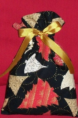 Red and Gold Christmas Trees Small Fabric Gift Bag - Holiday, Black, Beige, Cream, Elegant