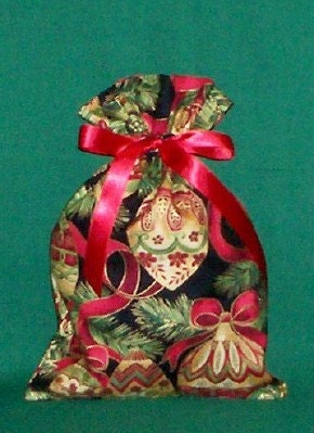 Christmas Ornaments Red, Gold Small Fabric Gift Bag - Holidays, Decorations, Ribbon, Green, Black