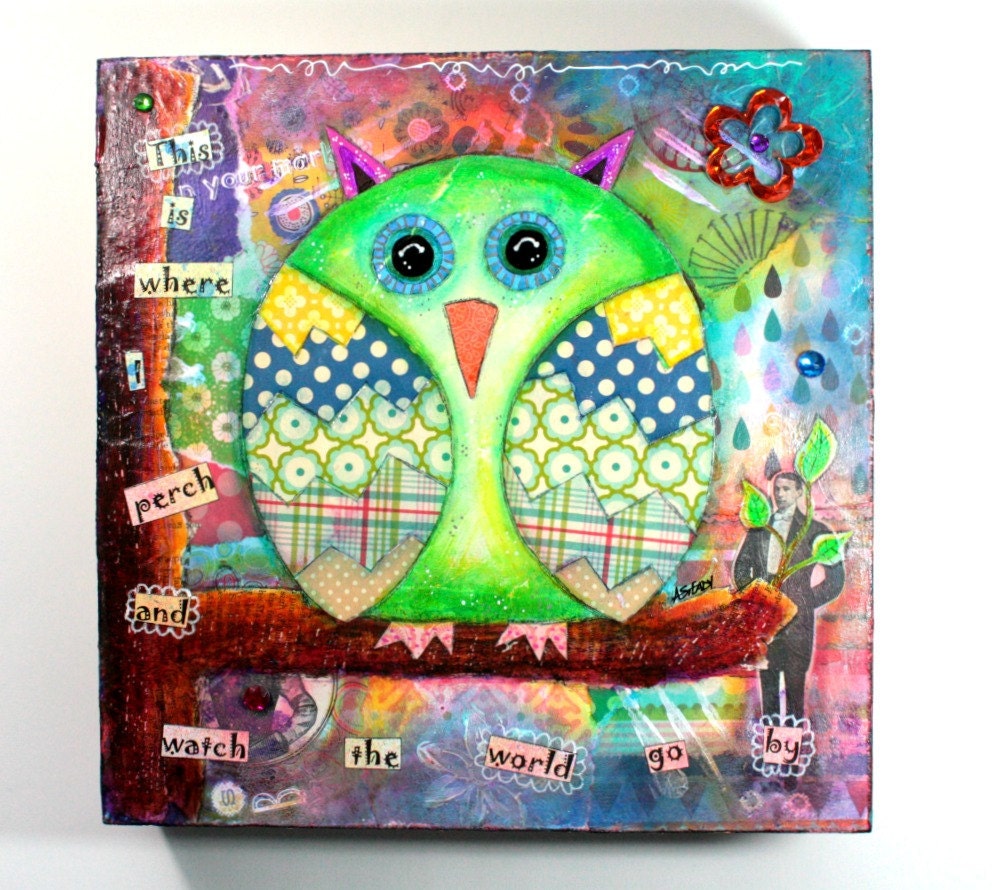 Owl Painting Collage Artwork "Watch the world go by", Original Colorful Painting on Wood Panel Canvas on Etsy (8 x 8 on wood panel canvas)