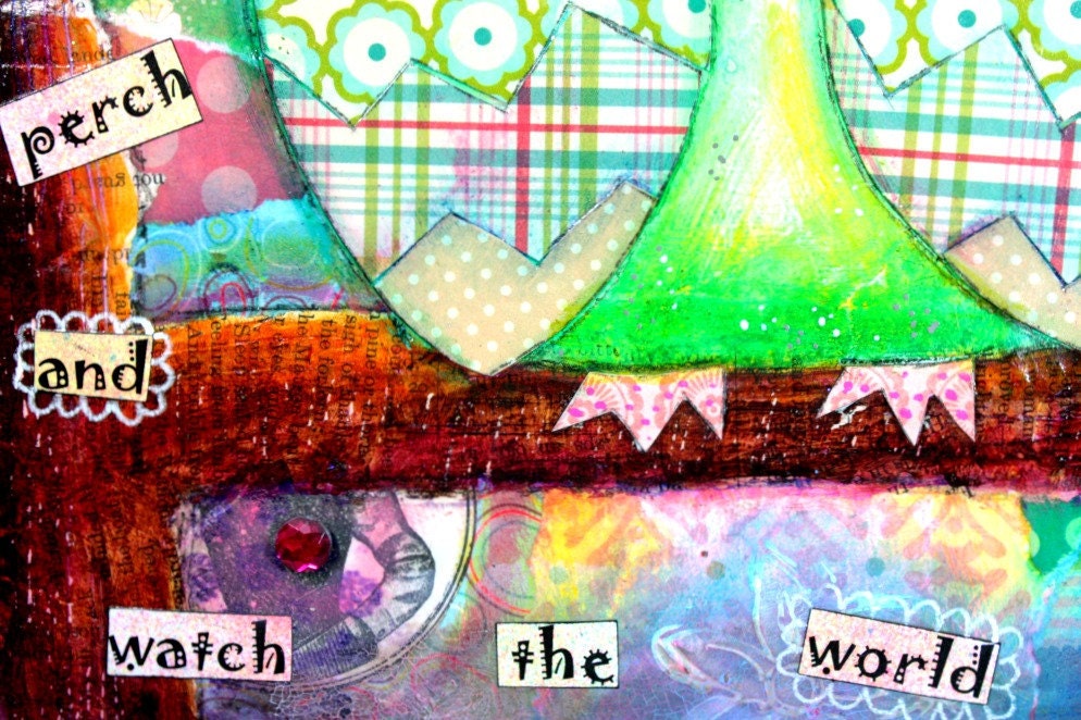 Owl Painting Collage Artwork "Watch the world go by", Original Colorful Painting on Wood Panel Canvas on Etsy (8 x 8 on wood panel canvas)
