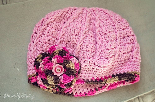 Pink Camo Slouch Hat, Pink Brown Ribbed Beanie, Ribbed Beanie, Newborn to Child, MADE TO ORDER