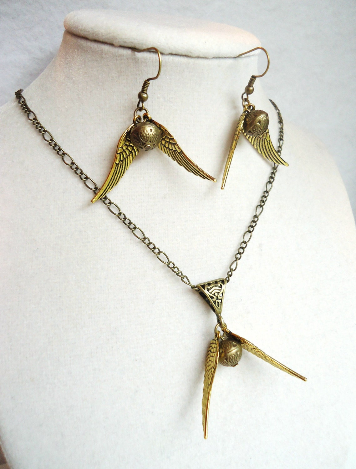 Steampunk Flying Orb & Golden Wings Necklace and Earring Set