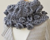 Elegant Infinity Scarf Cowl Crochet Grey Alpaca Wool Ruffled Roundels