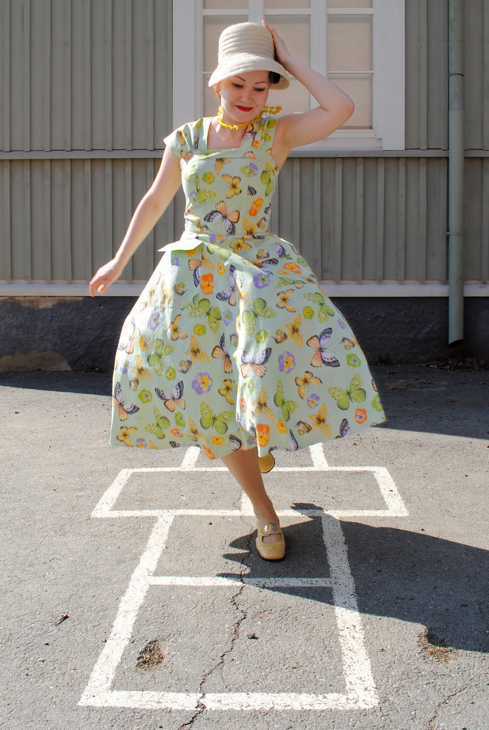 50s style swing dress in mint green butterfly cotton, made to order, all sizes