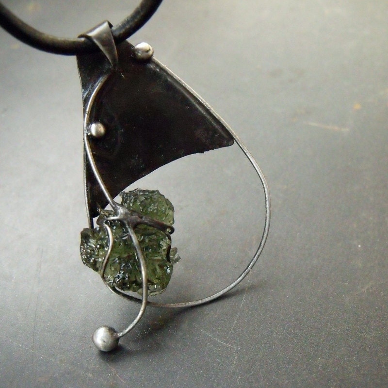 Moldavite Tiffany Pendant, handmade of copper, tinned, with raw natural Czech Moldavite