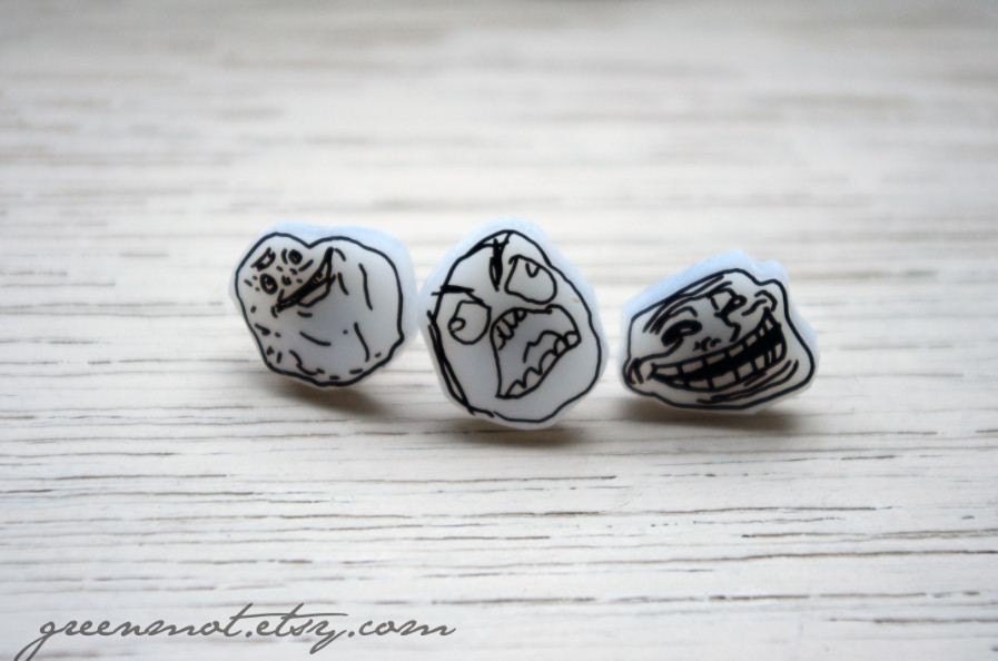Internet Memes Earrings SET OF 3 pairs - FUUUUUUU and Troll face and Forever alone