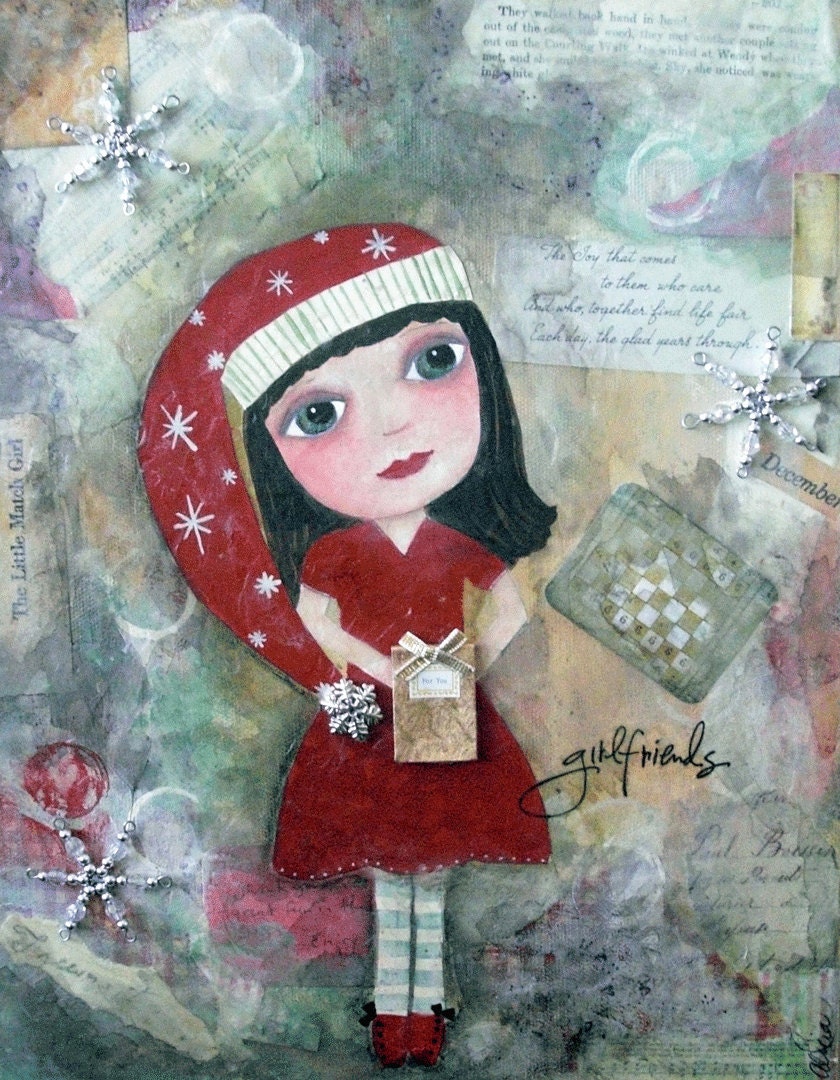 Christmas Gift Girl - Mixed Media Art Collage Painting PRINT