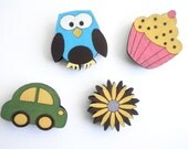 Magnets- Set of 4 wooden magnets- owl, cupcake, flower and car, kids magnets, colorful magnets, children magnets