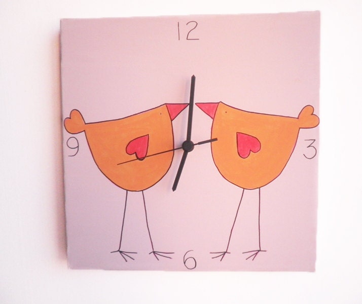 Love bird Wall clock- Christmas canvas clock- Two Orange birds on Lemonade Pink clock for nursery