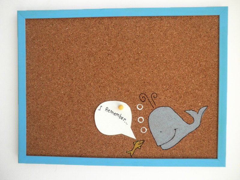 Decorative Memo Cork Board- Whale and a fish-  Blue and yellow hand painted message board, Bulletin Board