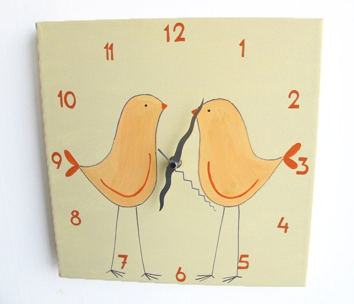 Children's Wall clock- Two orange love birds-Cream clock for nursery/ kids room/ kitchen clock, Hand painted canvas Children clock