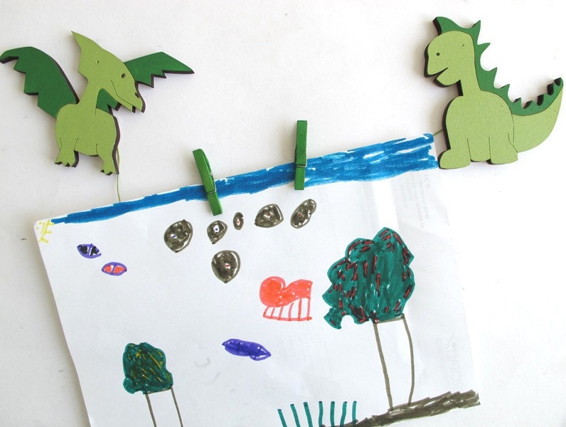 Children's  Artwork display hanger- Dinosaur- Green  wall art for boys - kids wall decor hangers