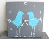Children's Wall clock- Two blue love birds - Grey clock for nursery/ kids room/ kitchen clock - Hand painted on canvas