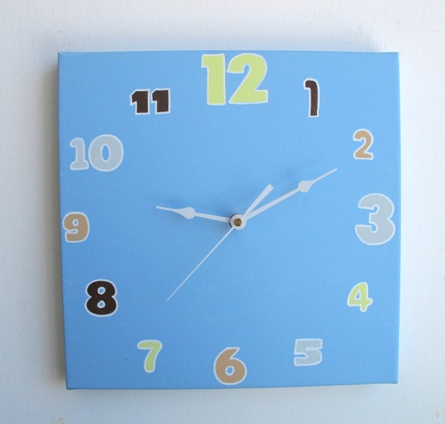 Wall clock- Decorative square clock -Blue,lemonade and brown clock, Hand painted on canvas- unique gift