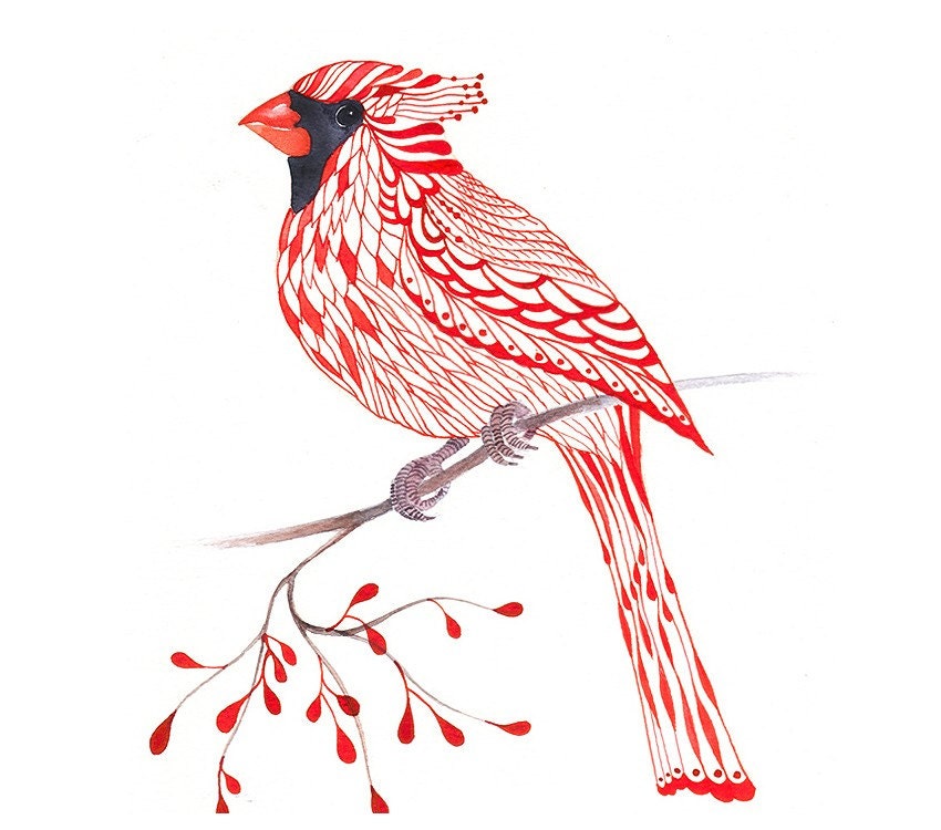 Cardinal Bird - lacy cardinal on branch art print, size 8x10 (No. 1) - TevaGallery