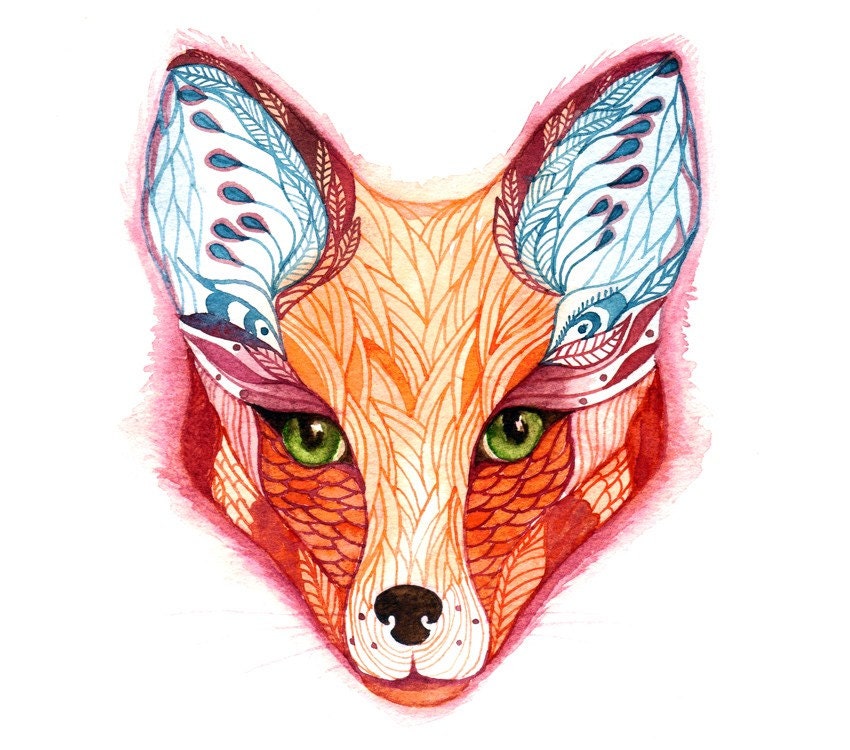 Red fox face water color animal art by Ola Liola, size 8"x10" (No. 28)