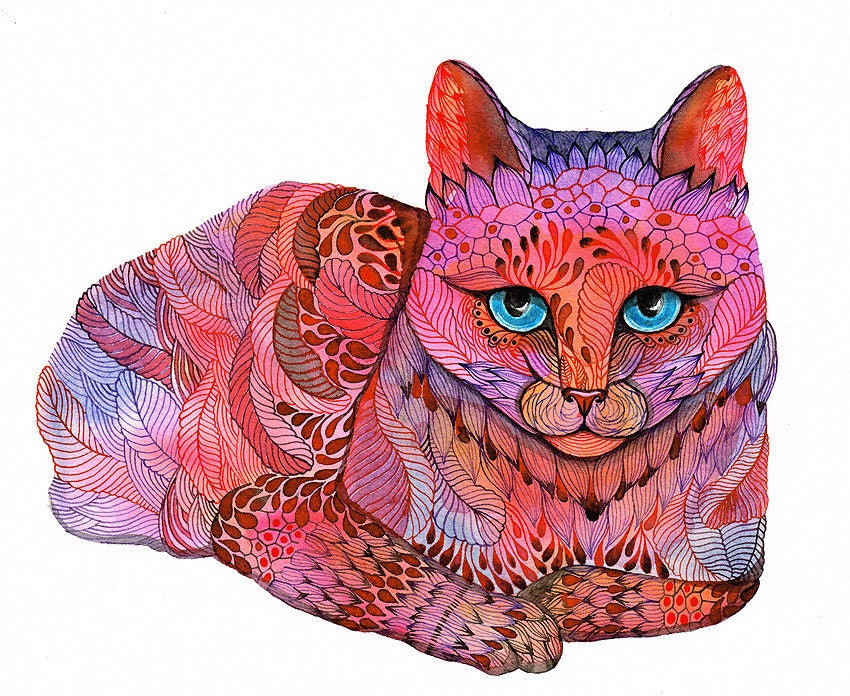 Sunset Cat - pet water color painting print, animal art print,  size 10x8 (No. 21)