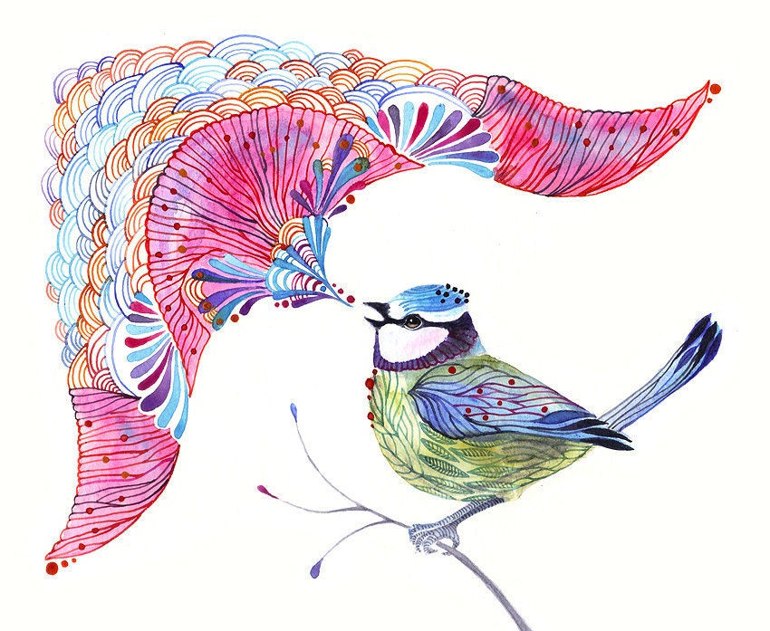 Singing Blue Tit - bird aquarelle artwork print, size 10x8 (No. 11)