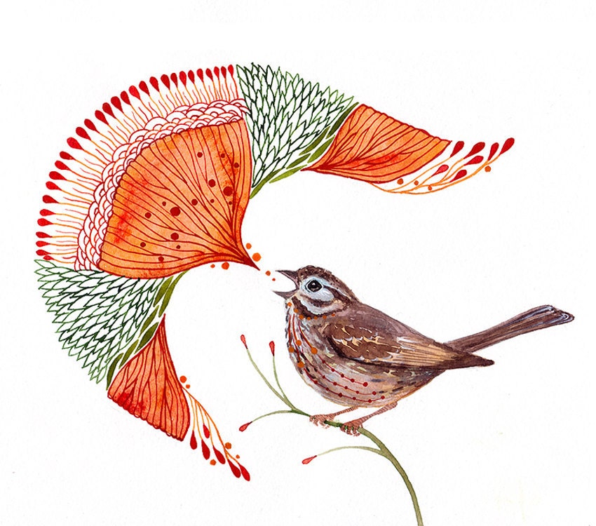 49 BUY 2 prints  and get 1 FREE, sale,  Sparrow bird artwork print "Singing Sparrow", size 10x8