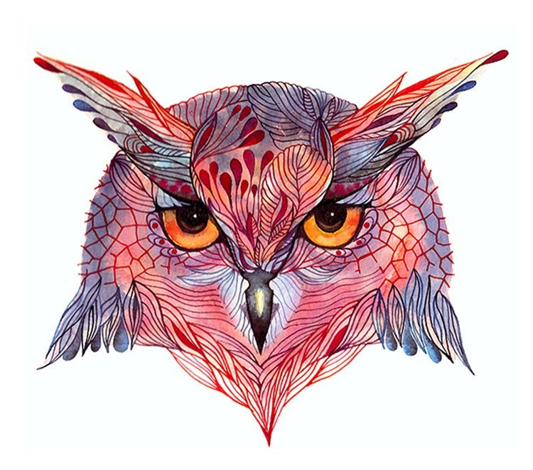 Owl face (Owla) wild bird face water color art print, size10x8 (No. 27)
