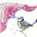 Singing Blue Tit - bird aquarelle artwork print, size 10x8 (No. 11)