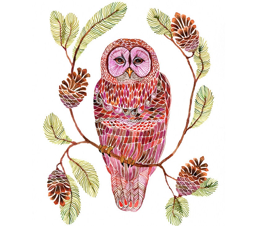 Original watercolor 8x10 pinecone owl