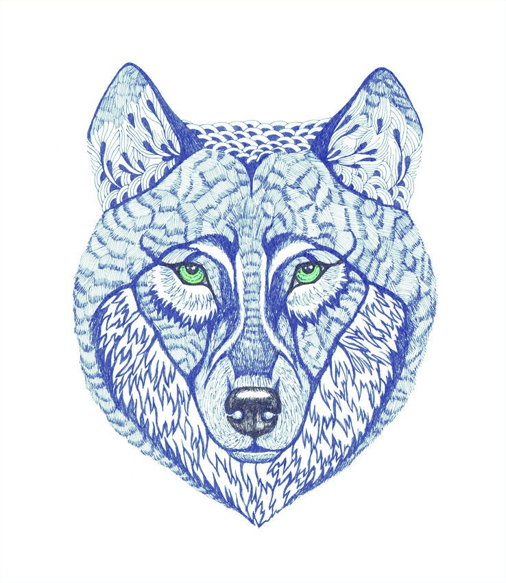 Ola's Blue Wolf - wild animal face art print, size 8x10, LIMITED EDITION 5/100 (No.14)