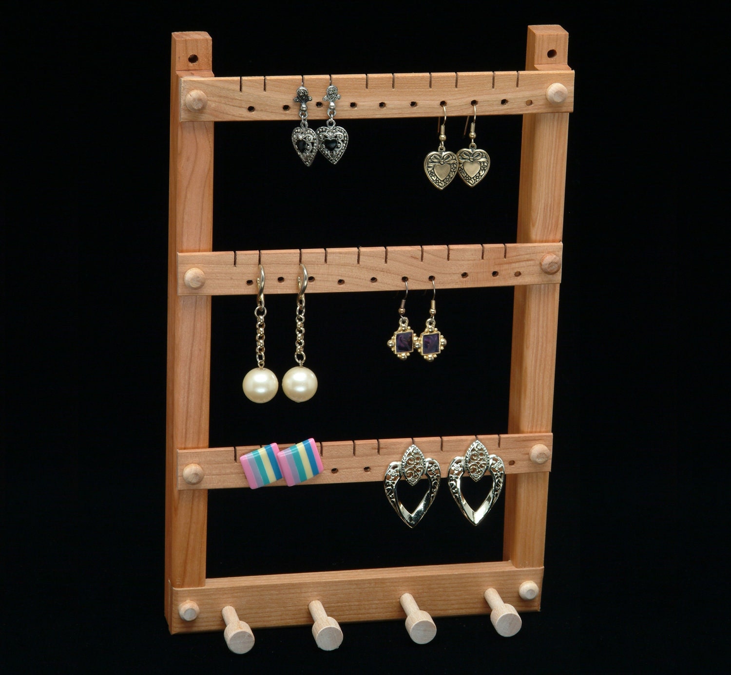 Jewelry Holder - Earring Display, Hanging, Cherry, Wood with 4 Jewelry Organizer Pegs. Holds 30 pairs.  Wall Mount Earring Holder