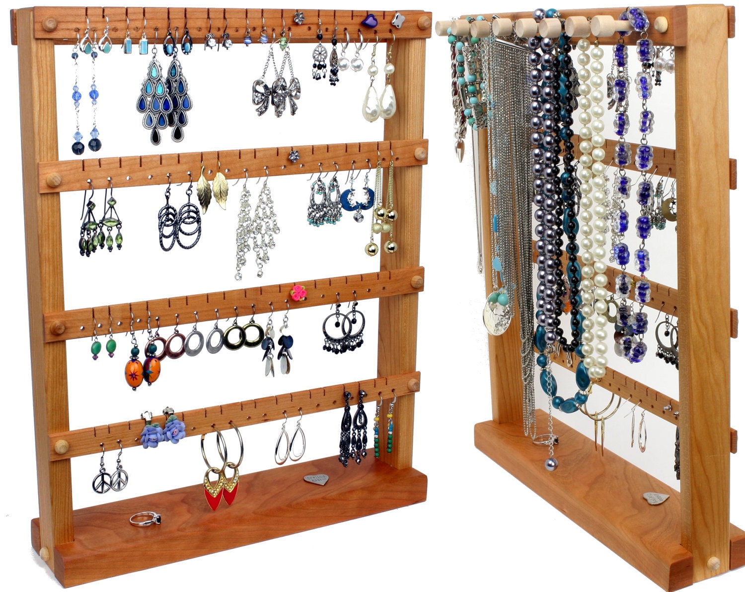 Earring Organizer Stand / Earring Holder, Cherry, Wood plus Necklace Display. Holds 72 pairs plus 8 jewelry pegs. Jewelry Organizer - Holder
